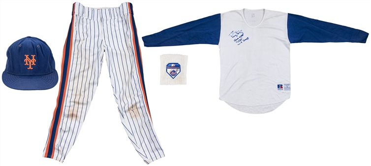Lot of (4) Darryl Strawberry Game Used & Signed New York Mets Cap, Home Pants (unsigned), Wrist Band & Undershirt (MEARS, Beckett)